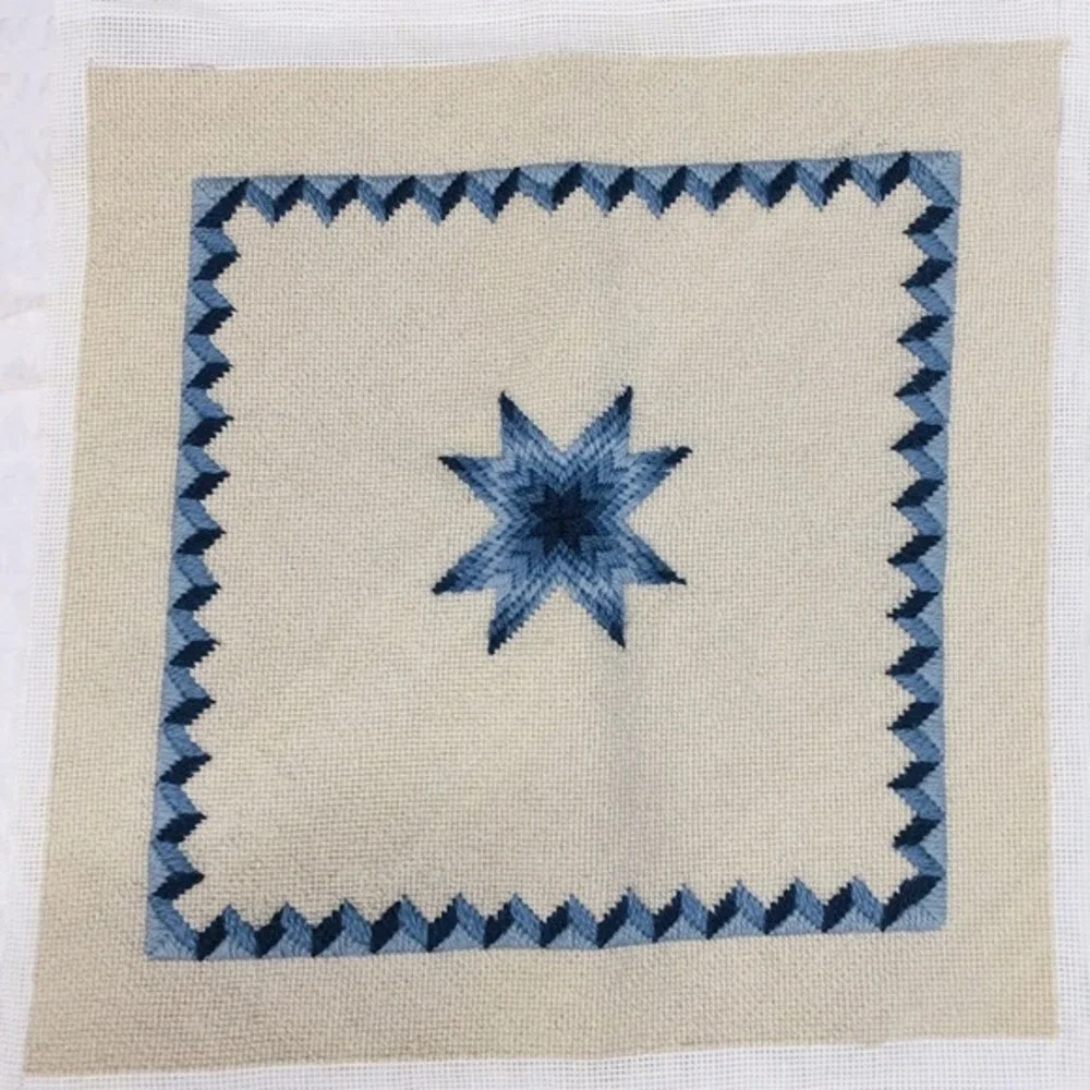 Handmade‎ Needlepoint Pillow Cover Blue Ivory Barn Star Grandmacore Cottagecore
